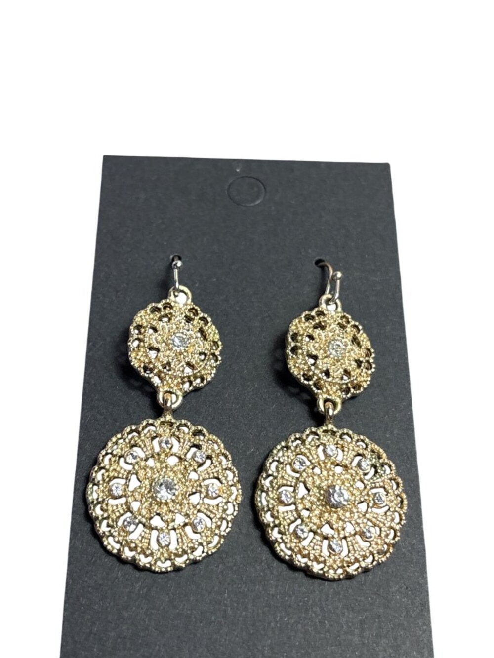 Goldtone Circle Filigree Doily Dangle Earrings Clear Rhinestones 1.75 inches